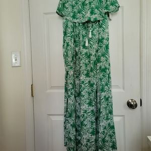 Japna Tropical Botanical Leaf Print  Strapless Maxi  Dress with Slit Size MS